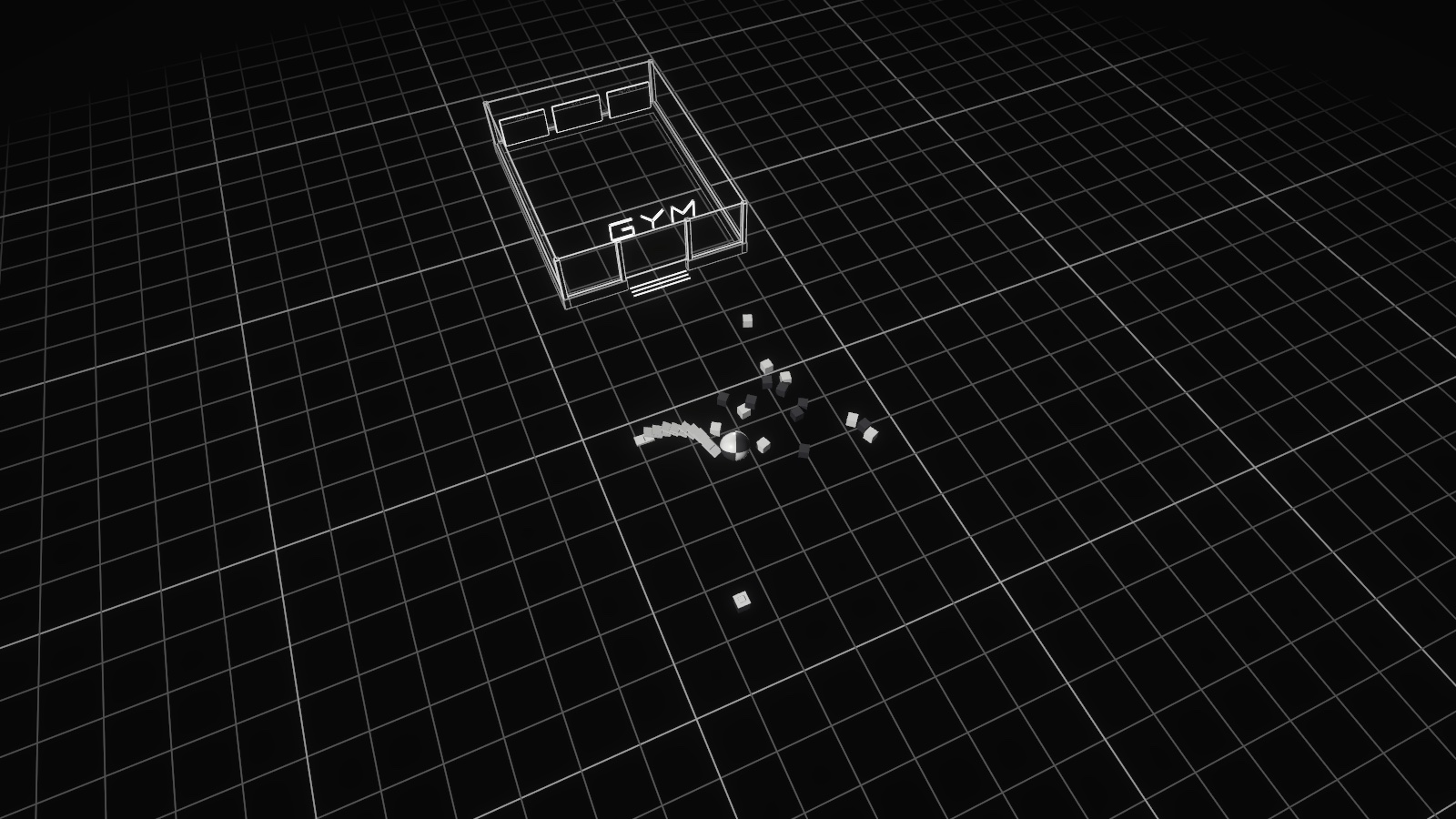 The Grid, the OpenAgents Verse world, seen from above: the Gym building, a ball, and scattered blocks on a floor of white lines.